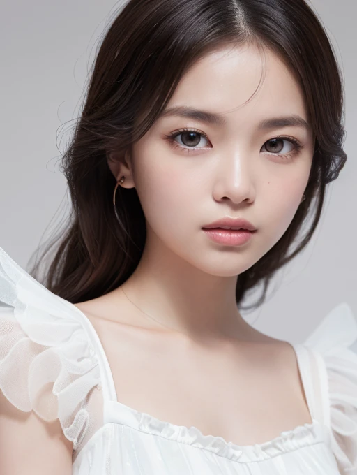 (In 8K, Highest quality, Tabletop, Ultra-high resolution, High quality face:1.5), (Lots of details), (Angel girl in human form:1.3),(Realistic:1.4) (View diagonally:1.6), (Very white skin, Clear skin, Glowing Skin:1.4), Pin Spot Light, (Beautiful round eye...