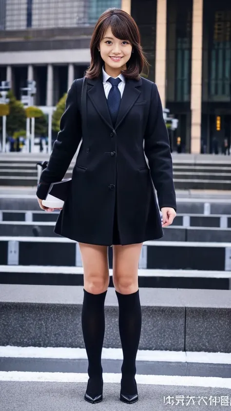 Full body focus photo of a cute Japanese announce girl rholding hanging a microphone and doing an outside broadcast with a serious expression,wearing pumps and black socks, full body photo of a newscaster, black down coat and black slim business pants suit...