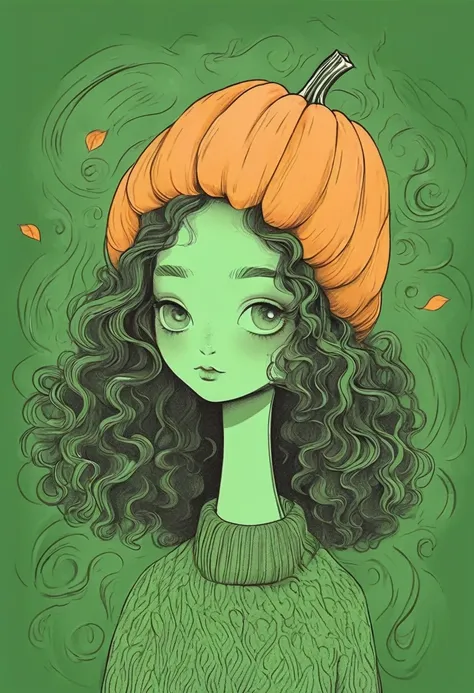 Pumpkin head，Long Neck，interesting，Big Head，nonsense，Green sweater，Long curly hair，Clean background，Hand-drawn style，，pencil drawing，Lovely，Smooth lines，Clean screen