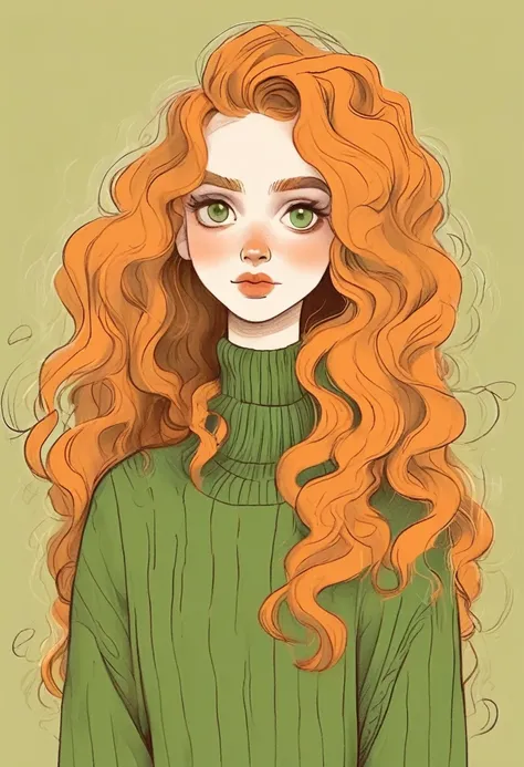 Pumpkin head，Long Neck，interesting，Big Head，nonsense，Green sweater，Long curly hair，Clean background，Hand-drawn style，，pencil drawing，Lovely，Smooth lines，Clean screen