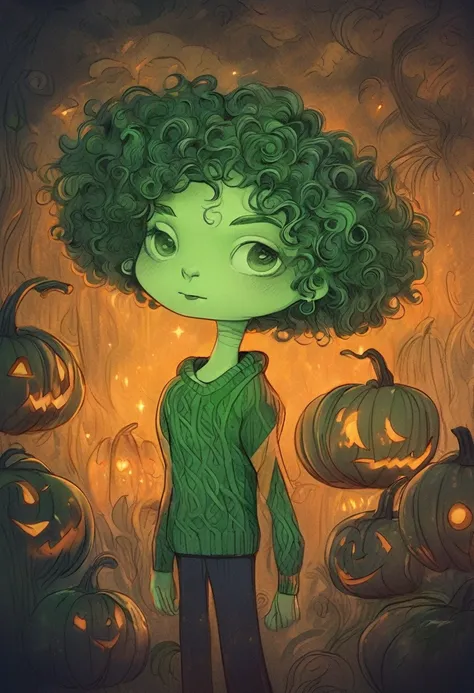 Pumpkin head，Long Neck，interesting，Big Head，nonsense，Green sweater，Long curly hair，Clean background，Hand-drawn style，，pencil drawing，Lovely，Smooth lines，Clean screen