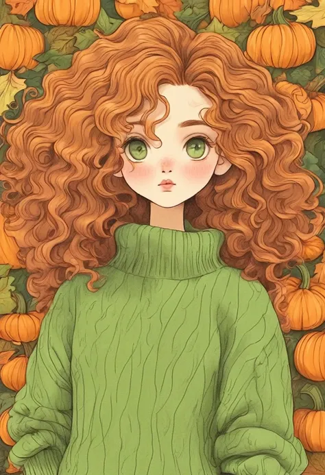 Pumpkin head，Long Neck，interesting，Big Head，nonsense，Green sweater，Long curly hair，Clean background，Hand-drawn style，，pencil drawing，Lovely，Smooth lines，Clean screen