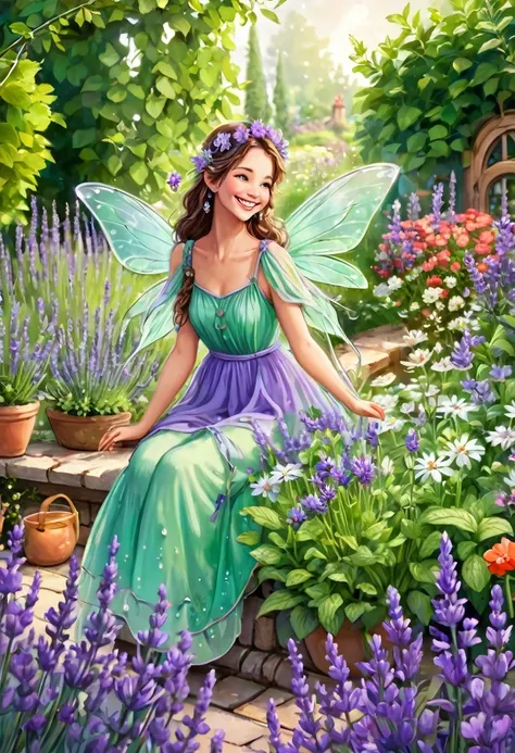 A fairy collecting lavender and mint in a beautiful garden, surrounded by herbs and beautiful flowers, smiling with joy.