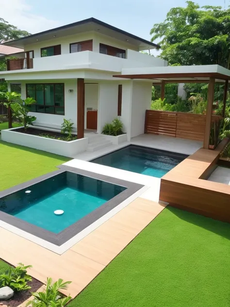 rumah modern minimalis indonesia, spacious yard, bunga warna warni, swimming pool, Realistic