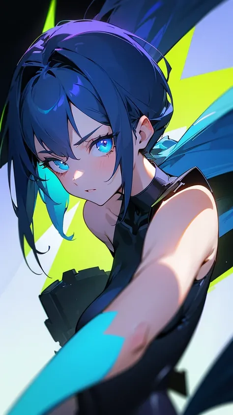 girl, medium shoulder length dark blue hair with neon green tips, that he is looking at the camera which is slightly above his height, blue eyes, pupils in a darker blue than his eyes, black background, head side, that the ambient light is purple rather on...