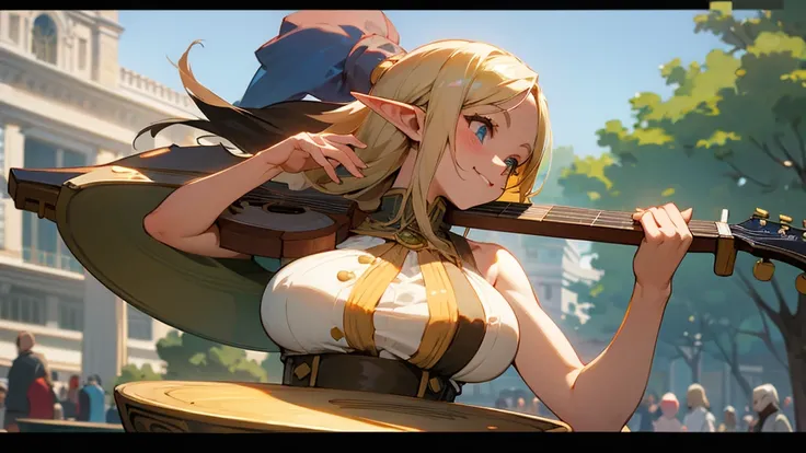 Anime Style,Nostalgic,Detailed background,A bustling square with many people,Smiling bard beautiful elf girl playing guitar,Large Breasts,Underarm