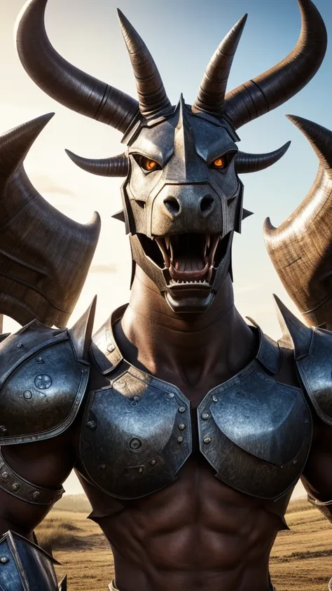 Hyper realistic illustration A giant monster scene of Behemoth wearing armor with large horns, and very strong