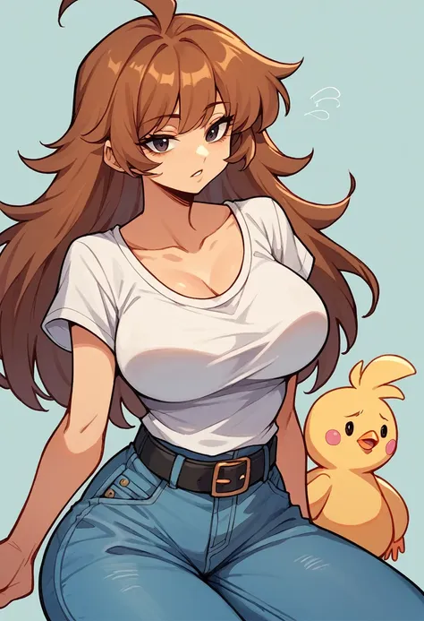 1chica, long brown hair with messy bangs, big breasts, blue jeans pants with black belt, big hips, camisa abotonada sin mangas, ...