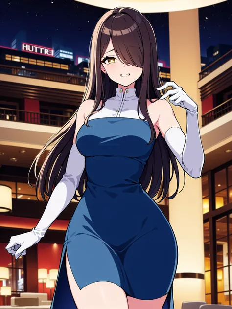 (cowboy shot), (ultra-high resolution, depth of field:1.2), 1woman, mature, brunette hair, long straight hair, yellow eyes, hair over one eye, medium breasts, (wide hips), night dress, (blue dress), elbow gloves, white gloves, fancy lobby, indoors, bare sh...