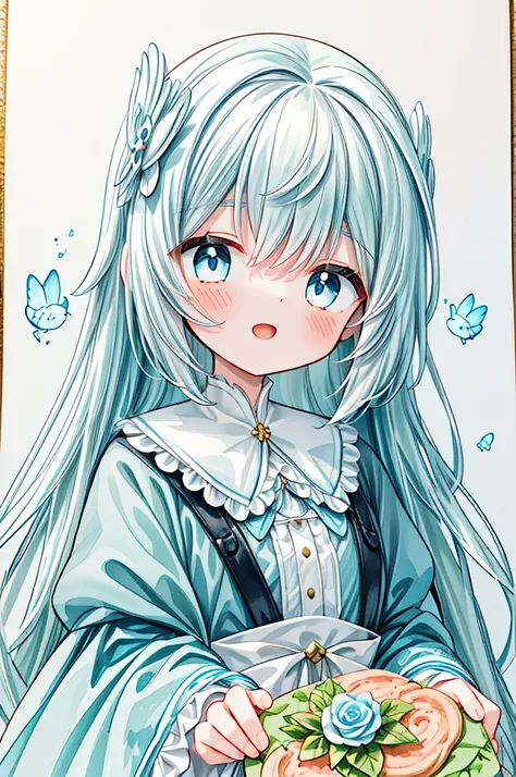 masterpiece, best quality, extremely detailed, (illustration, official art:1.1),adorable face、 1 girl ,(((( light blue long hair)))),pale blue hair,, long hair、 ((blush)) , cute face, big eyes, masterpiece, best quality,(((((a very delicate and beautiful g...