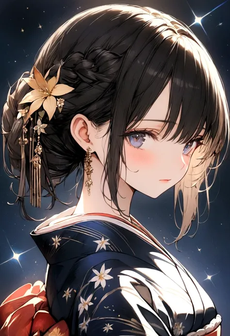 A girl in a beautiful kimono、Under the Milky Way shining in the night sky.Girls are cute 、Her hair is white　Bob Hair,She has some of her hair braided and is expressionless.　Wearing a beautiful and cute kimono with a blue base.The summer night sky is full o...