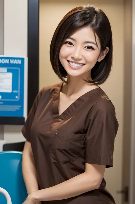 Dental hygienist woman smiling wearing brown medical scrubs　Brown, short sleeves, cute, Japanese, black hair, female, early 20s　Upper body close-up　high resolution　Highest quality　　Don&#39;t press your face too much