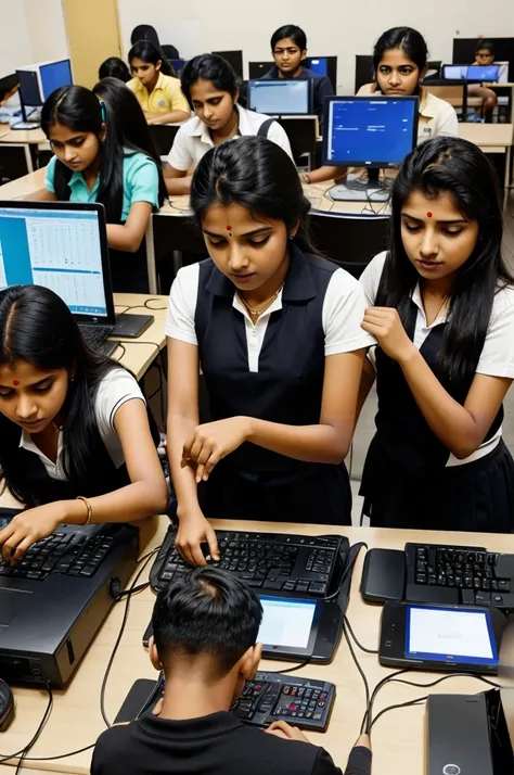 Generate a image of Group of Indian students performing a computer lab 