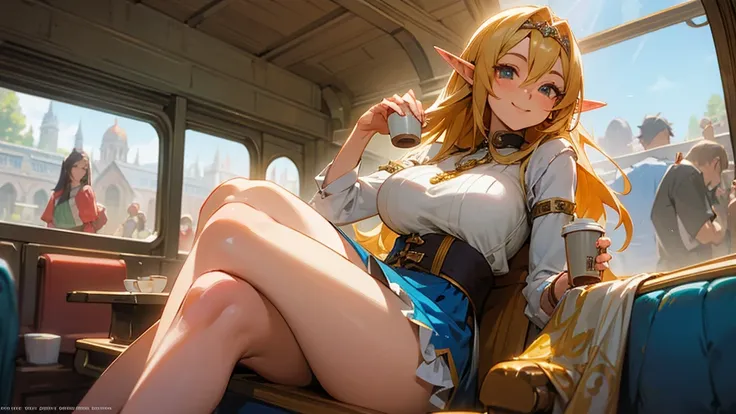 Anime Style,Nostalgic,Detailed background,The medieval world,A busy train with lots of people,Smiling bard beautiful elf girl holding coffee,Large Breasts,Healthy thighs,Underarm