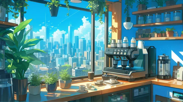 Large windows offer a view of a futuristic city、Modern and sophisticated coffee shop interior。Espresso machine provided、Mr.々Shelves filled with coffee cups and supplies、Potted plants to add some greenery、and sunlight to create a warm and cozy atmosphere.