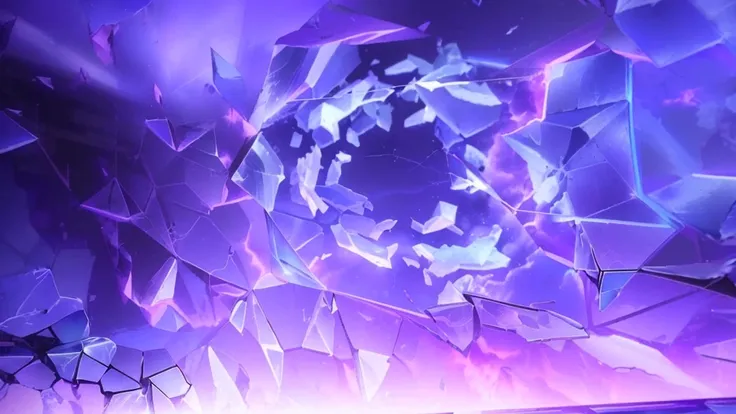 purple and blue abstract background with a broken glass window, shattered wall, background art, purple fire around magic arena, the walls purple and pulsing, cool background, profile picture 1024px, made of crystalized synapse, spellbreak, shattered sky ci...