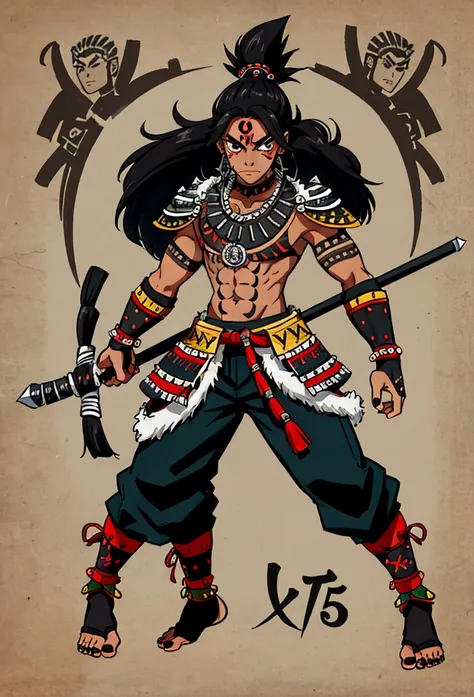 1 boy, joung boy, 15 years old, all lefth arm aztec tatto, bare soulders, full body, black nails, black eyes, black hair, aztec weapon, long hair,  looking at viewer, male focus, tattoo, aztec shield,  aztec, ((tribal warrior)),  armor, dark-skinned, aztec...