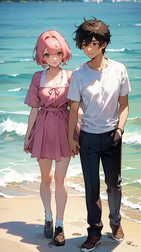 Shoujo manga style　Cute touch　Male and female couple　student　Beach　Stand next to each other　refreshing