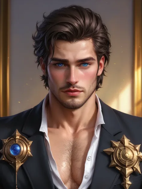 score_9, score_8_up, realistic, A handsome man, chest showing, body hair, Artwork, best quality, high resolution, Close-up portrait, bad, Greek God, fantasy, league of legends style, beautiful figure painting, bright light, Amazing composition, front view ...