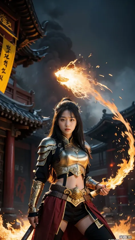 mythological character, 26 year old Korean girl wearing a black warrior outfit complete with armor tensing an amazing glowing bow, standing on the head of a huge black snake monster with red eyes emitting fire in its mouth looking angry, an old Shaolin tem...