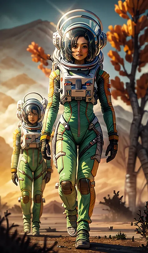 kit bashing, alien landscape, swampland, solitary female astronaut, radio dish antenna, Lime Green, utility belt, Ash Gray Verdigris, sci-fi, masterpiece, 16k, UHD, HDR, the best quality, body-tight suit, intricate, the most fantastic details, cinematic co...