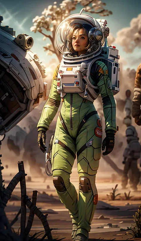 kit bashing, alien landscape, swampland, solitary female astronaut, radio dish antenna, Lime Green, utility belt, Ash Gray Verdigris, sci-fi, masterpiece, 16k, UHD, HDR, the best quality, body-tight suit, intricate, the most fantastic details, cinematic co...