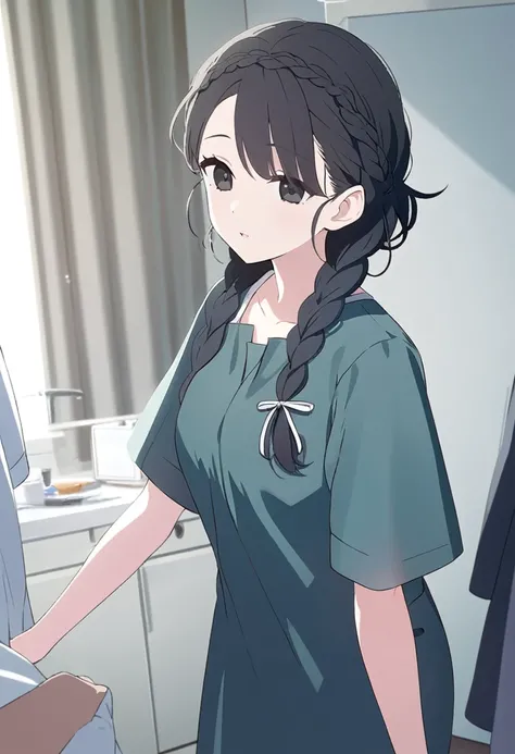 (One ,Black Hair,Braided hairstyle,Black eyes,Medium Chest)Patient gown