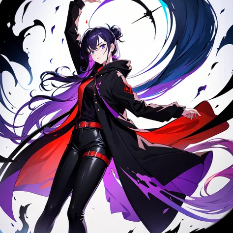 With a sword, Mature face,tall, Wearing black tights,Blue Eyes. Updo, Wearing a hoodie, He wore black trousers, whole body黒の服, The skin is hidden　and (Ink blotches:1.1), (pale:1.2),(purple:1.2),(Red/Black:1.2), I was wearing long pants,cool,Dressed in a bl...