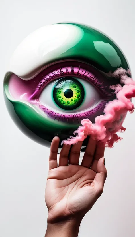 a huge metallic eyeball with pink and green colors, on a human body, porcelain old body, fire left hand and a black cloud on right hand, surreal creature, white background,