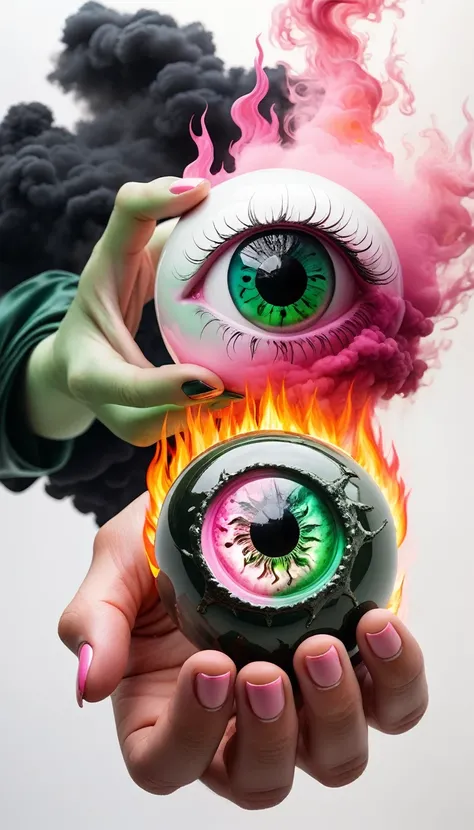 a huge metallic eyeball with pink and green colors, on a human body, porcelain old body, fire left hand and a black cloud on right hand, surreal creature, white background,