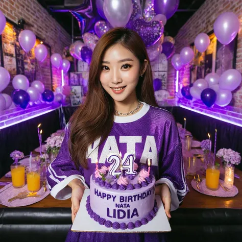 The birthday party of an Asian woman with long hair, she is wearing a NATA streetwear purple birthday attire, with purple balloons and decorations and signs, she is 24 years old, she is holding a purple birthday cake, you can see very clearly the writing o...