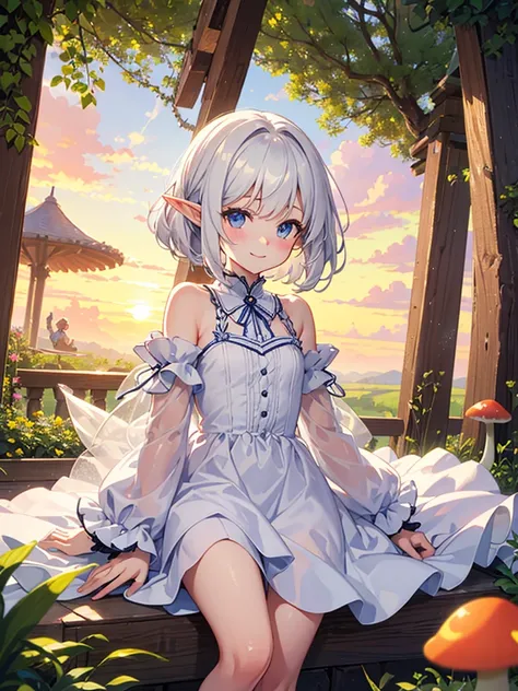 Masterpiece, best quality, high quality, very detailed CG uniform 8k wallpaper, sunset, sunlight, low saturation, shiny hair, fantasy world, magical, mushroom forest, beautiful sky, clouds, 1girl, ten years old girl, chibi, elf, baby face, cute face, beaut...