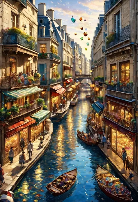 People floating on the streets, a Western-style city like Paris, objects made of jewels,