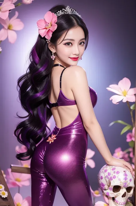 sexy Thai model who controls poison、beautiful smile、lipgloss、bold lipstick、intense makeup、look at the camera、full body Esbian、、sparkling poisoned flower costume、、、、sparkling Colorful hair、secrete poison、skull hair accessories、sexy tights、shiny sparkling fl...