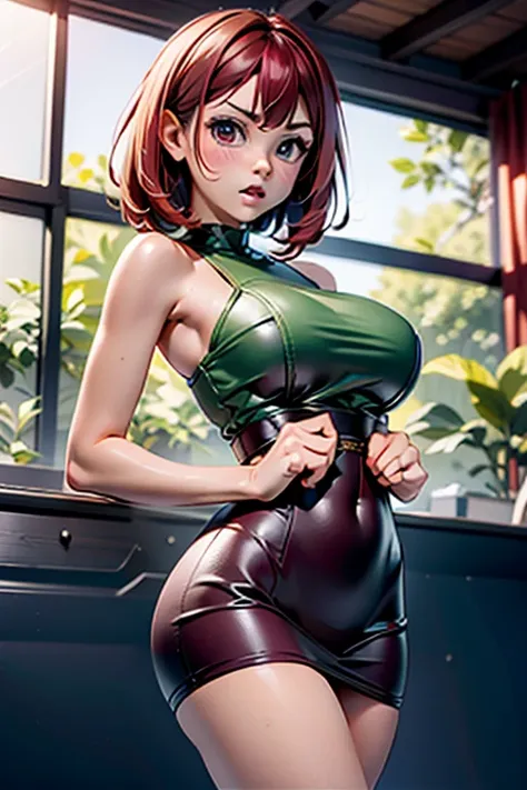 high resolution, Ming Lee, work of art, 1 girl, ((booba)), (angry face) , maroon hair, shorth hair,Broad Hips, thick thight, giant breasts, green dress, huge giant round ass, skin fair, niplles