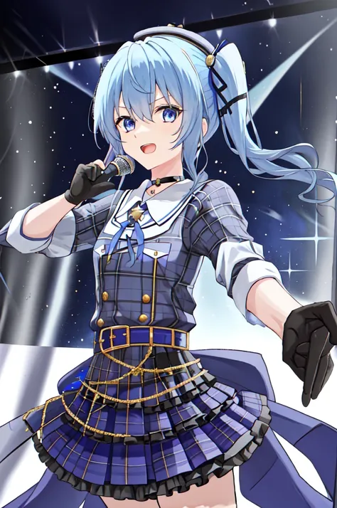 1 girl、star town suisei、blue eyes、gloves、microphone、blue hair、plaid、hat、choker、open mouth、plaidのhat、side ponytail、beret、crown、sk...