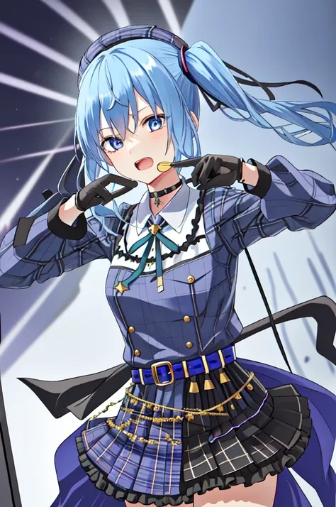 1 girl、Star Town Suisei、blue eyes、gloves、microphone、Blue Hair、Plaid、hat、choker、Open Mouth、Plaidのhat、Side Ponytail、beret、crown、skirt、黒いgloveicrophoneを持っている、部分的に指のないgloves、Plaidのskirt、shirt、Hair between the eyes、belt、ribbon、Pointing、microphoneスタンド、Long Shot