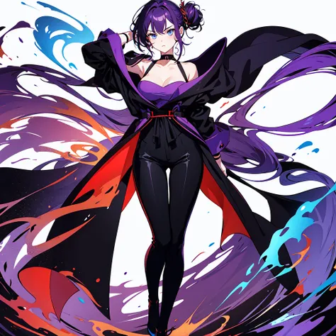 Ready your sword, Mature face,tall, Wearing black tights,Blue Eyes. Updo, Wearing a hoodie, He wore black trousers, whole body黒の服, The skin is hidden　and (Ink blotches:1.1), (pale:1.2),(purple:1.2),(Red/Black:1.2), I was wearing long pants,cool,Dressed in ...