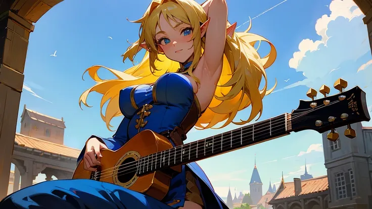 Anime Style,Nostalgic,Detailed background,The medieval world,A lively bar with lots of people,Beautiful sky,Beautiful Elf Bard,guitar,Big breasts and armpits