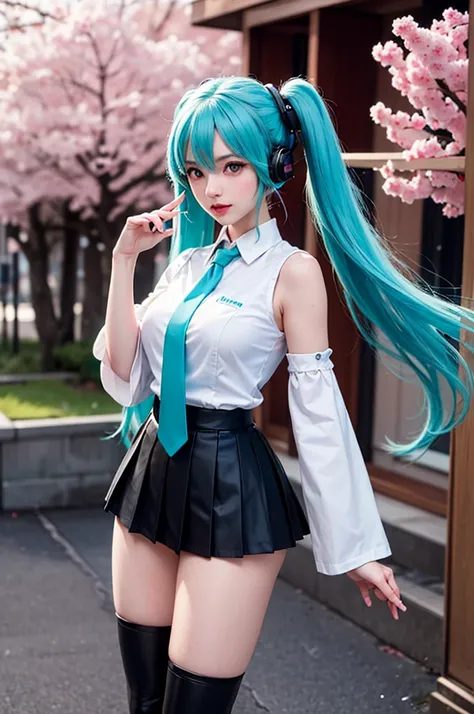 cinematic photo (best quality:1.4),(masterpiece:1.4),(photorealistic:1.4),(ultra high res, raw photo:1.4),(hdr, hyperdetailed:1.2),hatsune miku,pointing up,large pectorals,spread fingers,highres,light and shadow  snowing,hand on anothers face,cherry blosso...