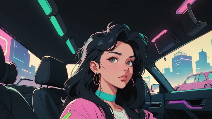 ((best quality)), ((masterpiece)), retro style, 80’s 90’s city pop aesthetic and style, sit in the car, dreamy, perfection, realistic, high fashion, 16:9, Stylish Korean woman from the 90s, Neon light background, a scene from a movie,