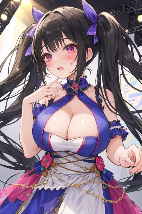 A woman with big ，Black Hair，twintails，Exquisite，Idol costume，blush，stage，Bright Light，，ahegao，