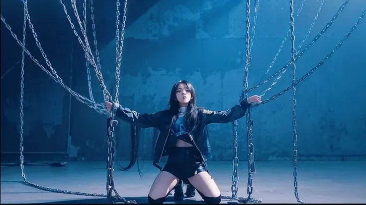 Kpop idol girl with black hair kneeling down in the middle of an empty room, chained to the walls. Dark blue and grey colours 