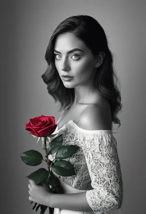 black and white, a woman with  green eyes, flawless skin, half body shot, holding a rose, whimsical photography style, captured with an Arriflex 35BL camera using Canon K25 prime lenses, cinematic, dramatic lighting, ultra clear, breathtaking surreal maste...