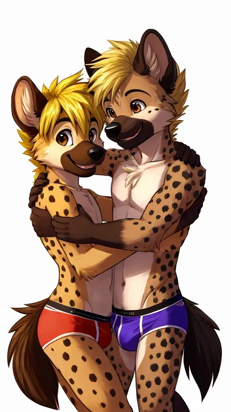 male, young adult hyena, cute style, anthropomorphic, light orange and brown fur, dark brown or black spots, yellow hair, brown eyes, eyes open, happy, fluffy, only briefs as underwear, white background