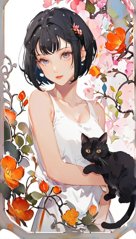 1girl, black short hair, bob cut, white tank top, cat on girl, card style