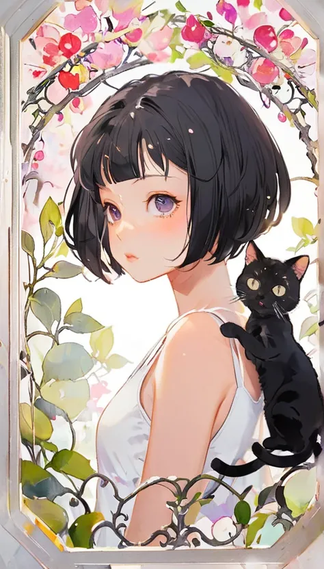 1girl, black short hair, bob cut, white tank top, cat on girl, card style