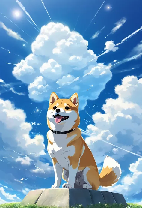 cute shiba inu illustration、anime style、blue sky、cumulonimbus