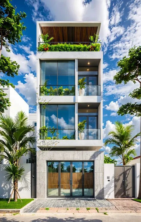 modern villa on street, (overcast lighting:1.2), tropical tree, vivid color, curve wall, streetcapes, nice sky, grey and wwhite ...