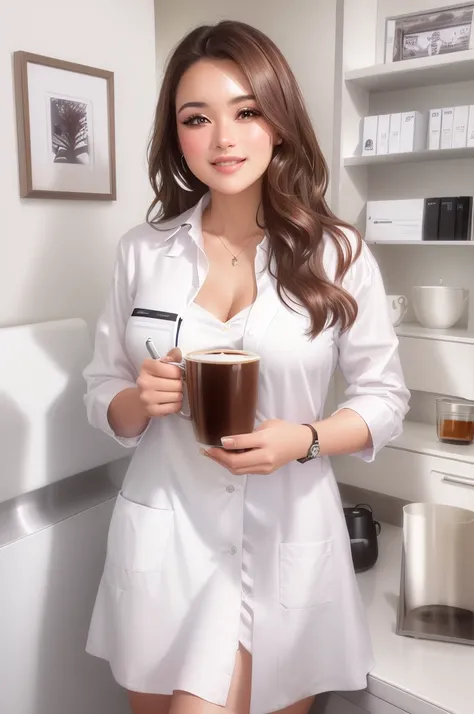 arafed woman in a white shirt dress holding a cup of coffee, wearing lab coat and a blouse, with a white mug, wearing a white hospital gown, wearing a white button up shirt, drinking a coffee, wearing a white lab coat, wearing a labcoat, drinking a cup of ...